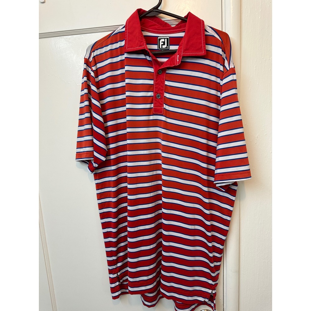FootJoy Mens XL Athletic Fit Golf Polo Shirt Red White Blue Striped Short Sleeve